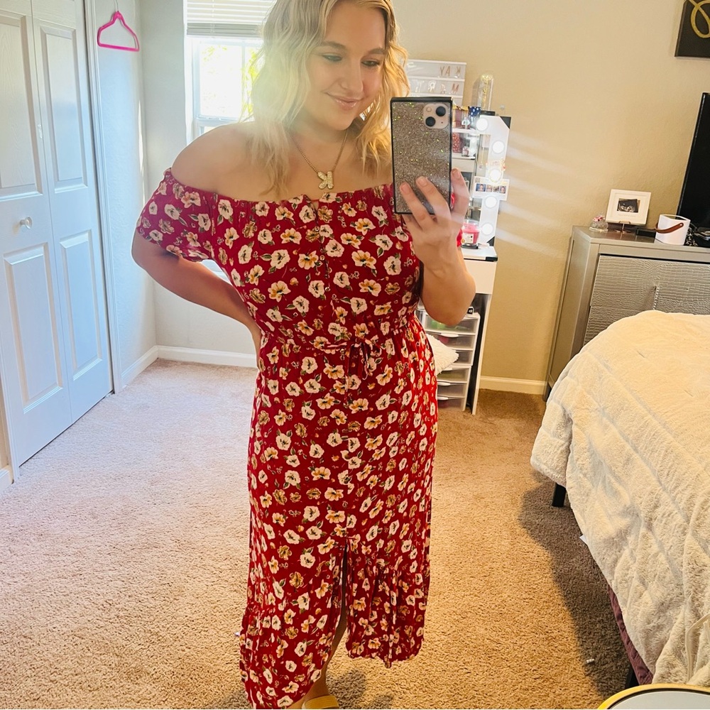 Red Floral Off-Shoulder Dress